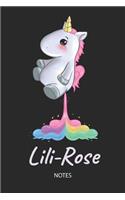 Lili-Rose - Notes: Noms Personnalisé Carnet de notes / Journal pour les filles et les femmes. Kawaii Licorne pétant arc-en-ciel. Accessoires de licorne amusants et fou