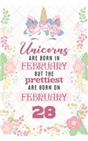 Unicorns Are Born In February But The Prettiest Are Born On February 28: Cute Blank Lined Notebook Gift for Girls and Birthday Card Alternative for Daughter Friend or Coworker