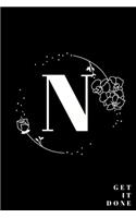 Simple Black Initial Letter N Notebook with Rose Floral Journal for Women, Girls Birthday Gift and School