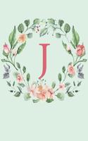 J: A Mint Green Floral Wreath Monogram Sketchbook - 110 Sketchbook Pages (6 x 9) - Floral Watercolor Monogram Sketch Notebook - Personalized Initial Le