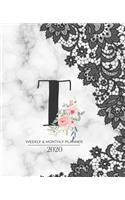 Weekly & Monthly Planner 2020 T: Black Lace Marble Monogram Letter T with Pink Flowers (7.5 x 9.25 in) Vertical at a glance Personalized Planner for Women Moms Girls and School