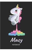 Macy - Notebook: Blank Lined Personalized & Customized Name Rainbow Farting Unicorn School Notebook / Journal for Girls & Women. Funny Unicorn Desk Accessories for K