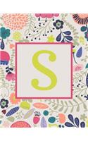 S: Monogram Initial Big Notebook-Blank Wide Ruled Lined Paper-Whimsical Colorful Floral-500 Pages 8.5 x 11