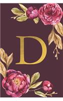 D: Personalized Initial Monogram Blank Lined Notebook Journal Printed Peony flowers, for Women and Girls 6x9 inch. Christmas gift, birthday gift idea