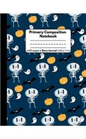 Primary Composition Notebook Story Journal: Halloween Gifts for Boys and Girls: Funny Halloween Navy Blue Skeleton Pumpkin Bats Ghost Pattern: Primary Story Journal: Dashed Mid Line and Pictur