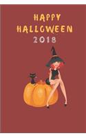 Happy Halloween 2018: A Halloween Note Book Journal Featuring a Black Cat and Red Haired Witch Sat on a Pumpkin