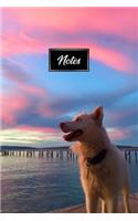 Siberian Husky Huskies Dog Pup Puppy Doggie Notebook Bullet Journal Diary Composition Book Notepad - Sunset at Pier: Cute Animal Pet Owner Composition Book with 100 Dotted Dot Grid Paper Pages in 6" x 9" Inch