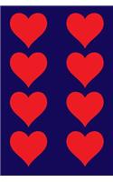 100 Page Unlined Notebook - Red Hearts on Navy Blue