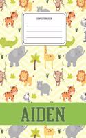 Composition Book Aiden: Lion Safari Animals Pattern Composition Book Name Aiden Personalized Lined Wide Rule Notebook for Boys Kids Back to School Preschool Kindergarten an