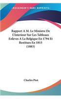 Rapport A M. Le Ministre De L'Interieur Sur Les Tableaux Enleves A La Belgique En 1794 Et Restitues En 1815 (1883)