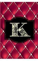K: Monogram Journal or Diary. Captivating Ruby Red and Gold Diamond Design with a Decorative Uppercase Initial with Texture & Charm on a Vintage Black 