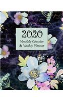 2020 Monthly Calendar & Weekly Planner: Agenda Book - Blue and Purple Floral Watercolor Design