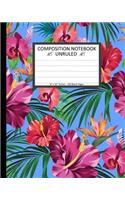 Unruled Composition Notebook 8" x 10". 120 Pages.Tropical Flowers Exotic On Blue