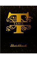 Tamia Sketchbook: Letter T Personalized First Name Personal Drawing Sketch Book for Artists & Illustrators Black Gold Space Glitter Effect Cover Scrapbook Notepad & A