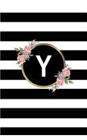 Y: Letter Y Monogram Personalized Journal, Floral Black & White Stripe Monogrammed Notebook, Blank Lined 6x9 Inch College Ruled 120 Page Perfect Bound 