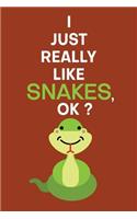 I Just Really Like Snakes, OK?: Green Snake Design Cover Notebook and Journal. 6 x 9 inches, 100+ Pages of Lined Pages for Writing.