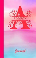 Addison Journal: Letter A Personalized First Name Personal Writing Diary Glossy Pink & Blue Watercolor Effect Cover Daily Diaries for Journalists & Writers Note Taki