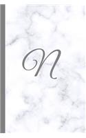 N: Letter N Monogram Marble Journal with White & Grey Marble Notebook Cover, Stylish Gray Personal Name Initial, 6x9 Inch Blank Lined College Ruled Dia