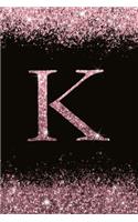 K: Personalized Initial Monogram Blank Lined Notebook Journal Printed Glitter Black and pink, for Women and Girls 6x9 inch. Christmas gift, birthday gi