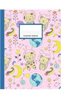 Composition Book: Wide Ruled Notebook Dogs and Cats in Space Pink Design Cover