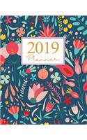 2019 Planner: Weekly Planner 2019 Yearly Calendar Organizer Agenda (January 2019 to December 2019) Navy Red Floral Flowers