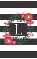 L: Personalized Monogrammed Journal (Notebook/Diary) Gift for Friend Office Teacher Black and White Stripes with Red Flowers