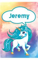 Jeremy: Personalized Unicorn Blood Sugar Diet Diary Journal Log Notebook Featuring 120 Pages 6x9