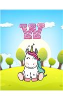 W: Monogram Initial W with Little Unicorn Notebook for Kids, Children, Girl, Boy 8.5x11