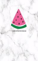 Composition Notebook: Pretty Pink Watermelon Slice Graphic on Marble Texture Design, Wide Rule Lines and Numbered Pages