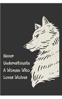 Never Underestimate A Woman Who Loves Wolves: Blank Lined Animal Notebook Journal & Planner - Cool Wolf Lover Notebook Gift for women