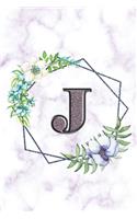 J: Personalized Dot Grid Bullet BUJO Notebook Journal Modern white Marble Floral Silver Initial Monogram Letter J- Many Usage Handy Travel Size For Wom