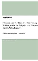 Shakespeare for Kids: Die Bedeutung Shakespeares am Beispiel von "Romeo and Juliet", Act I, Scene 4: Unterrichtsfach Englisch, Klassenstufe 7