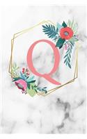 Q: Monogram Letter Q 120 Pages 6x9 Inches Notebook Marble Gold White personalized Name colored Flowers Initial Diary for Women and Girls