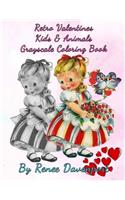 Retro Valentines Kids & Animals Grayscale Coloring Book