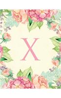 X: Traditional watercolor, stylish, decorative and simple floral capital letter monogram lined notebook, pretty, cute and suitable for women and girls.