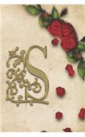 S: Red Rose With Rustic Yellow Background Golden Monogram Initial Letter S Journal Notebook (6" x 9") Gift For Her