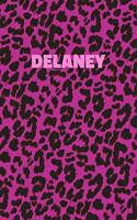 Delaney: Personalized Pink Leopard Print Notebook (Animal Skin Pattern). College Ruled (Lined) Journal for Notes, Diary, Journaling. Wild Cat Theme Design wi