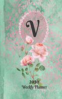 Plan On It Large Print 2020 Weekly Calendar Planner 15 Months Notebook Includes Address Phone Number Pages - Monogram Letter V: January 2020 through March 2021: Green and Pink Damask Lace with Roses on Glossy Cover