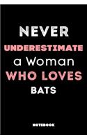 Never Underestimate a Woman Who Loves Bats: 120 Pages, 6x9, Soft Cover, Matte Finish, Lined Sport Journal, Funny Sport Notebook, perfect gift for Bats Lovers