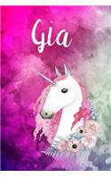 Gia: Cute Unicorn Notebook Writing Journal for Girls, Personalized With Name, Personalized Writing Journal, Notebook for Women and Girls, Personalized No