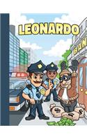 Leonardo: First Name Personalized Sketchbook with Large Blank Pages Pad for Drawing, Doodling and Sketching. Colorful Police Officers Cartoon Cover for Kids, 