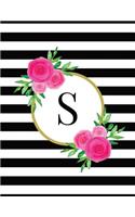 Black and White Striped Pink Floral Monogram Journal with Letter S