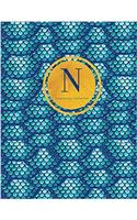 Initial N Notebook, Monogram Journal: Blue and Teal Nautical Ocean Theme, Mermaid Tail Design Personal Diary, 8.5 X 11