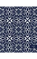 Notes: 8"x10" Blank Lined Page Notebook Seamless Oriental China Porcelain Spiral Cross Frame Flower Chain Pattern Cover. Matte Softcover Ruled Note Book Jo