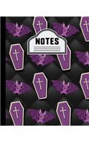 Notes: Cute Purple Bats and Coffins Halloween Notebook for Kids 7.5" X 9.25 Wide Ruled - 110 Pages
