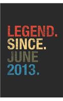 Legend Since June 2013: Blank Lined Notebook / Journal (6 X 9 -120 Pages) - June Birthday Gift Idea