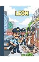 Leon: First Name Personalized Sketchbook with Large Blank Pages Pad for Drawing, Doodling and Sketching. Colorful Police Officers Cartoon Cover for Kids, 