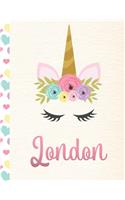 London: Personalized Unicorn Primary Story Journal For Girls With Pink Name - Half Ruled Dotted Midline and Blank Picture Space - Kindergarten to Early Chil