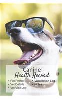 Canine health record: Dog vaccine record book - Pet health record - Puppy vaccine record - 101 pages, 6"x9" - Paperback - photo of a dog wearing glasses on a natural gree