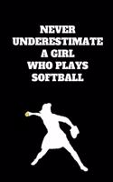 Never Underestimate A Girl Who Plays Softball: Softball Notebook for Softball Players and Enthusiasts, Softball Player Gift, Softball Girl Journal (6 x 9 Lined Notebook, 110 pages)